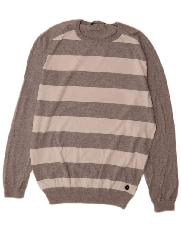 SIVIGLIA Mens Crew Neck Jumper Sweater Large Grey Striped Cotton
