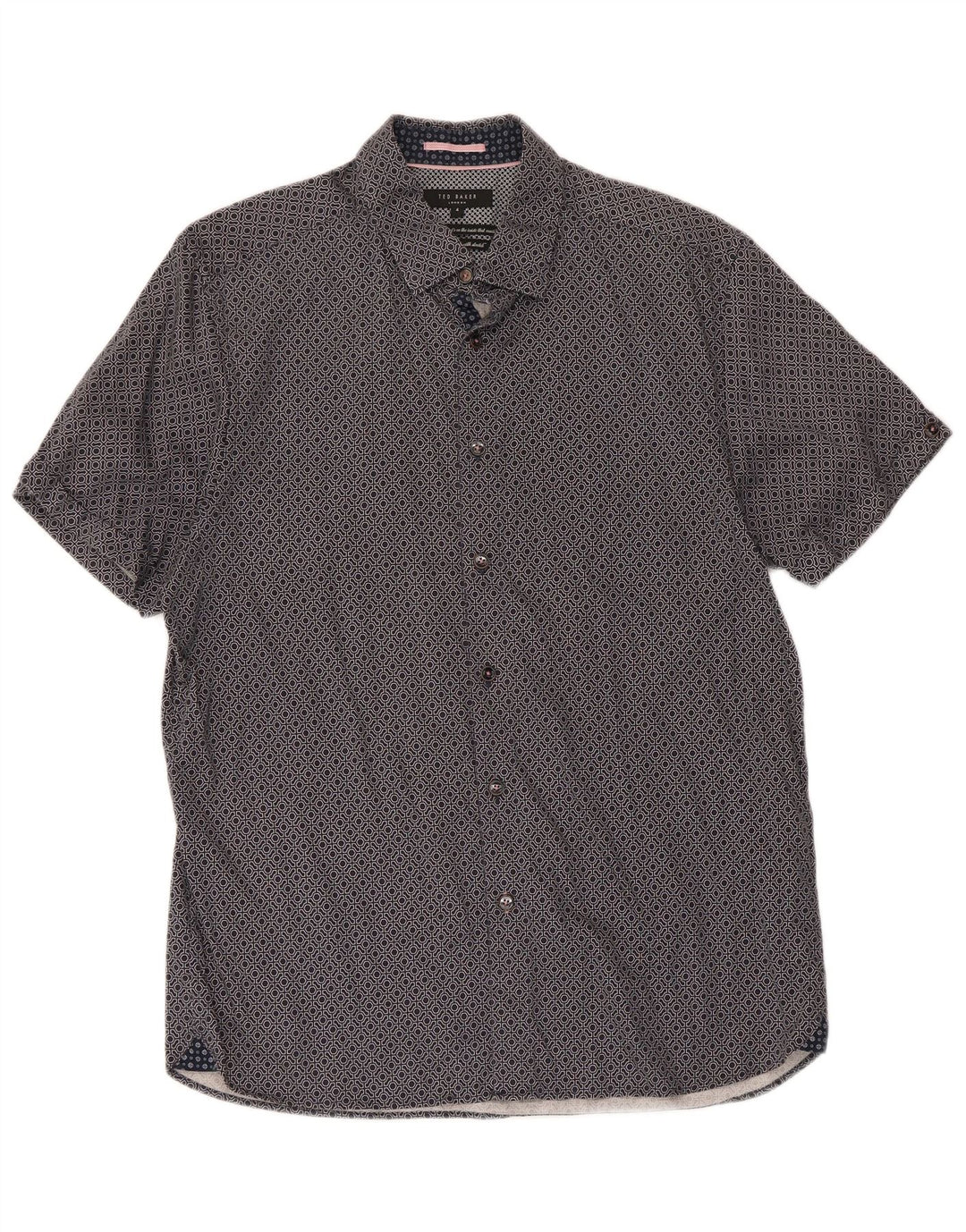 Ted Baker Mens Short Sleeve Shirt Size 4 Large Navy Blue Geometric Cotton
