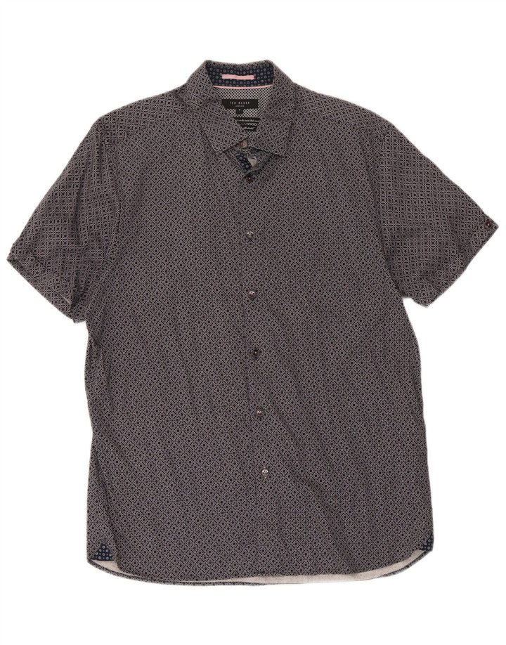 Ted Baker Mens Short Sleeve Shirt Size 4 Large Navy Blue Geometric Cotton