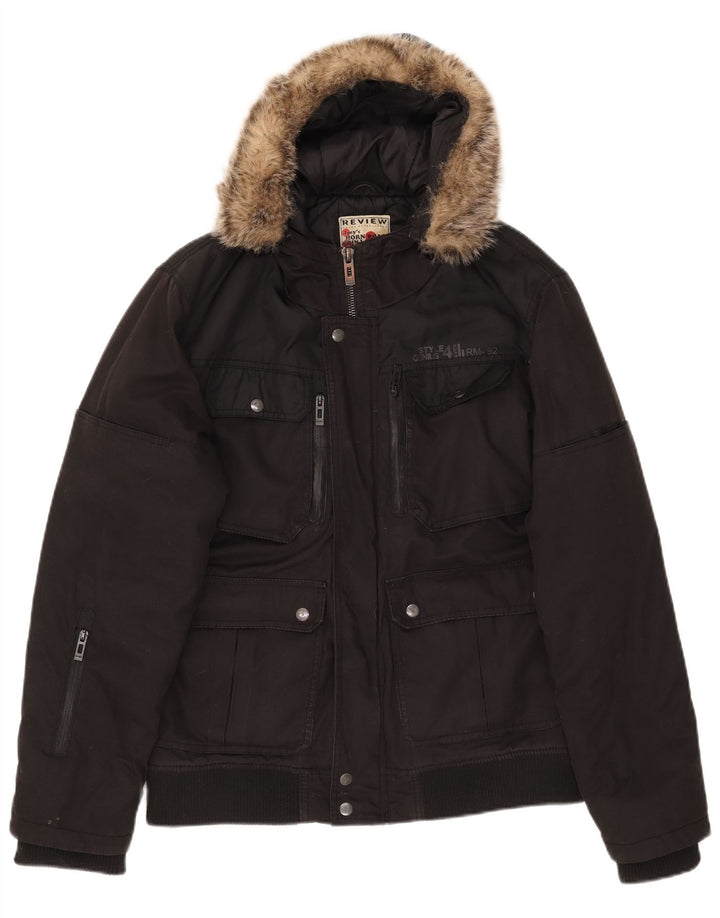 Review Mens Hooded Utility Jacket UK 40 Large Black Polyester
