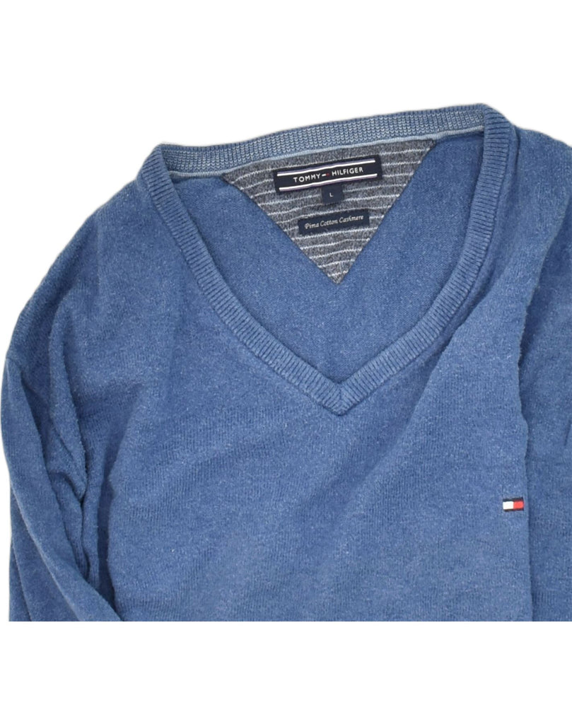 TOMMY HILFIGER Mens V-Neck Jumper Sweater Large Blue Cotton | Vintage Tommy Hilfiger | Thrift | Second-Hand Tommy Hilfiger | Used Clothing | Messina Hembry 