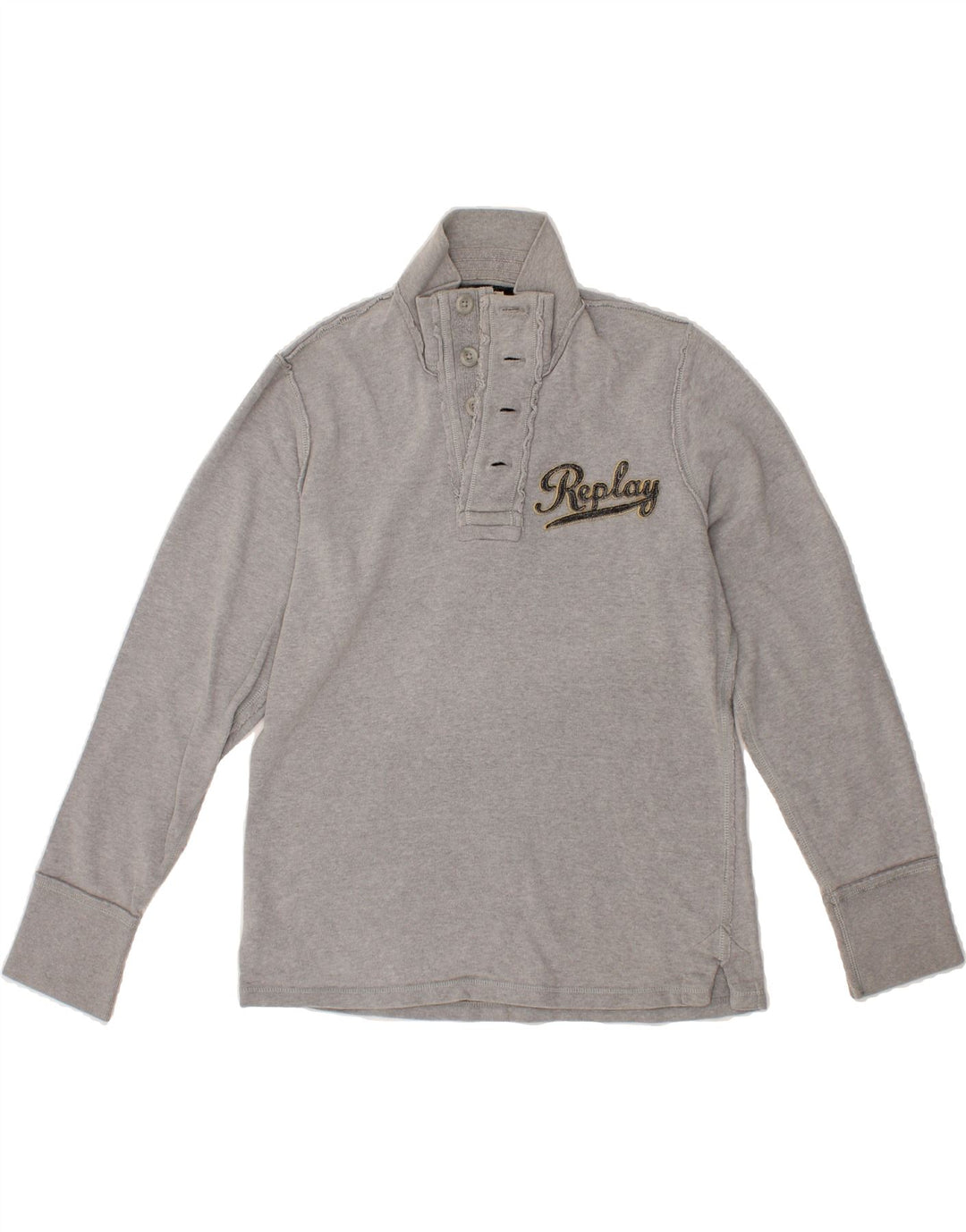 REPLAY Womens Graphic Button Neck Sweatshirt Jumper UK 16 Large Grey Vintage Replay and Second-Hand Replay from Messina Hembry 