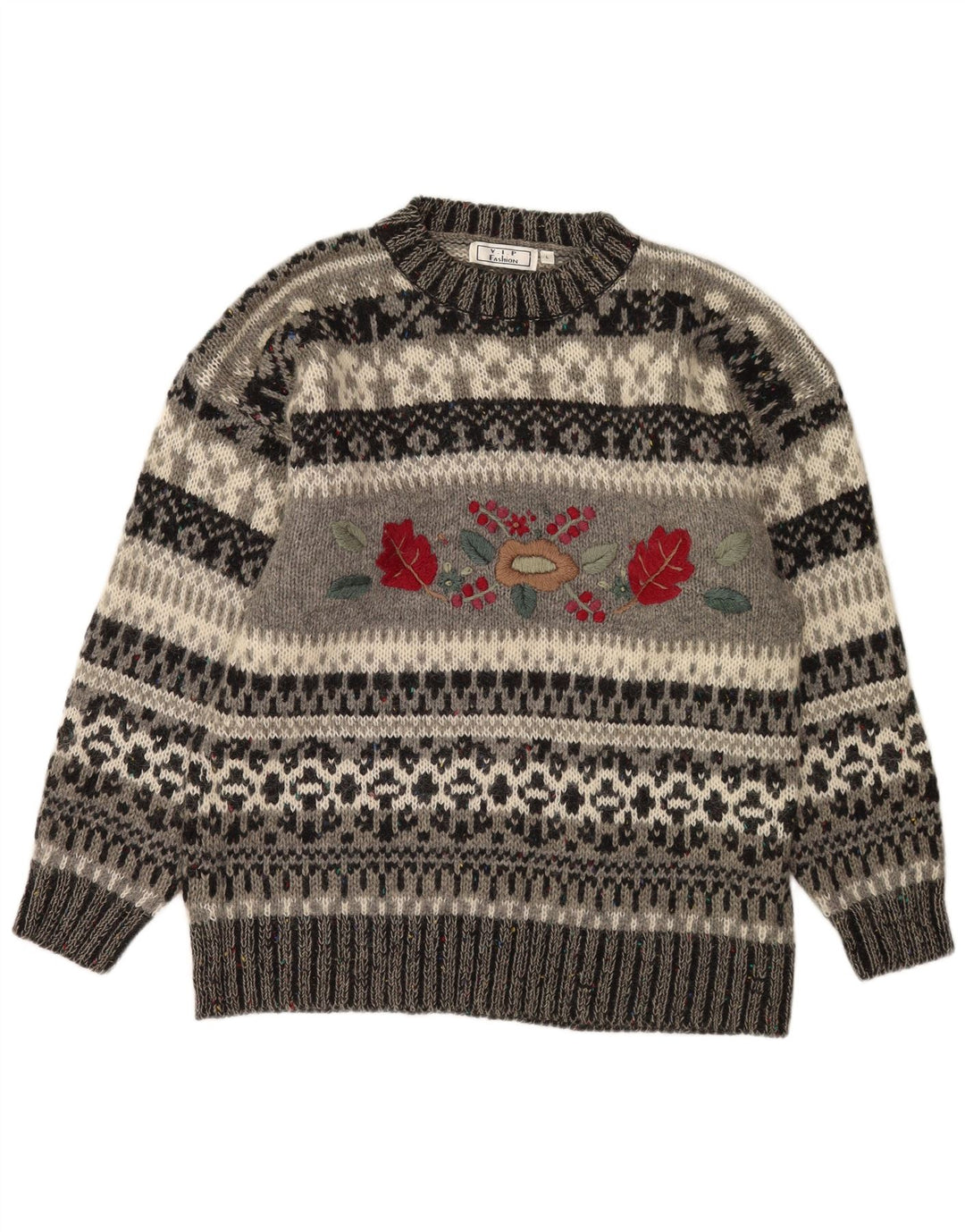 Vintage Mens Crew Neck Jumper Sweater Large Grey Fair Isle Polyacrylic