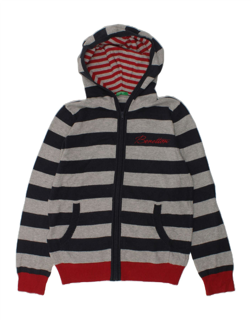 BENETTON Boys Graphic Hooded Cardigan Sweater 10-11 Years XL Grey Striped | Vintage Benetton | Thrift | Second-Hand Benetton | Used Clothing | Messina Hembry 