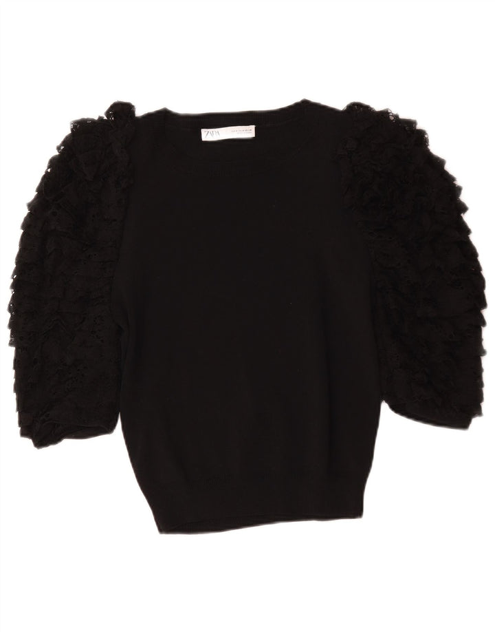 Zara Womens 3/4 Sleeve Blouse Top UK 12 Medium Black Cotton