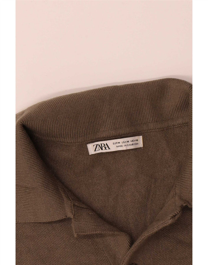 Zara Mens Long Sleeve Polo Shirt Medium Brown Viscose