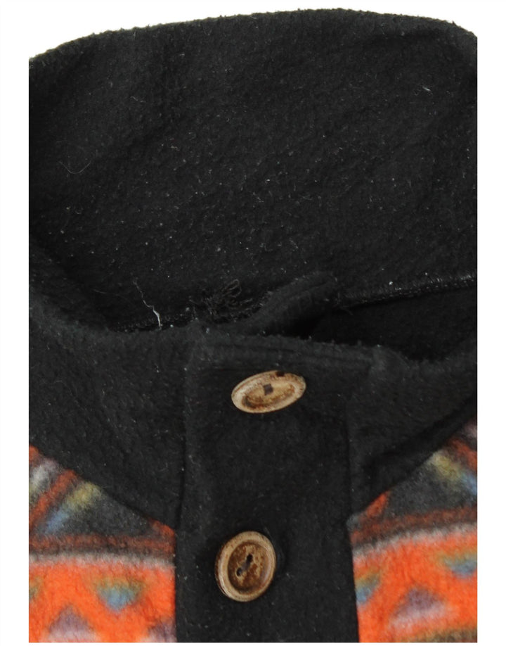 Vintage Mens Button Neck Fleece Jumper Large Black Geometric
