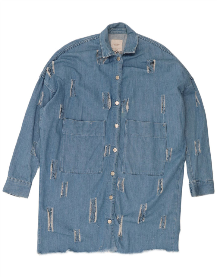 Zara Womens Trafaluc Distressed Oversized Denim Dress UK 10 Small Blue