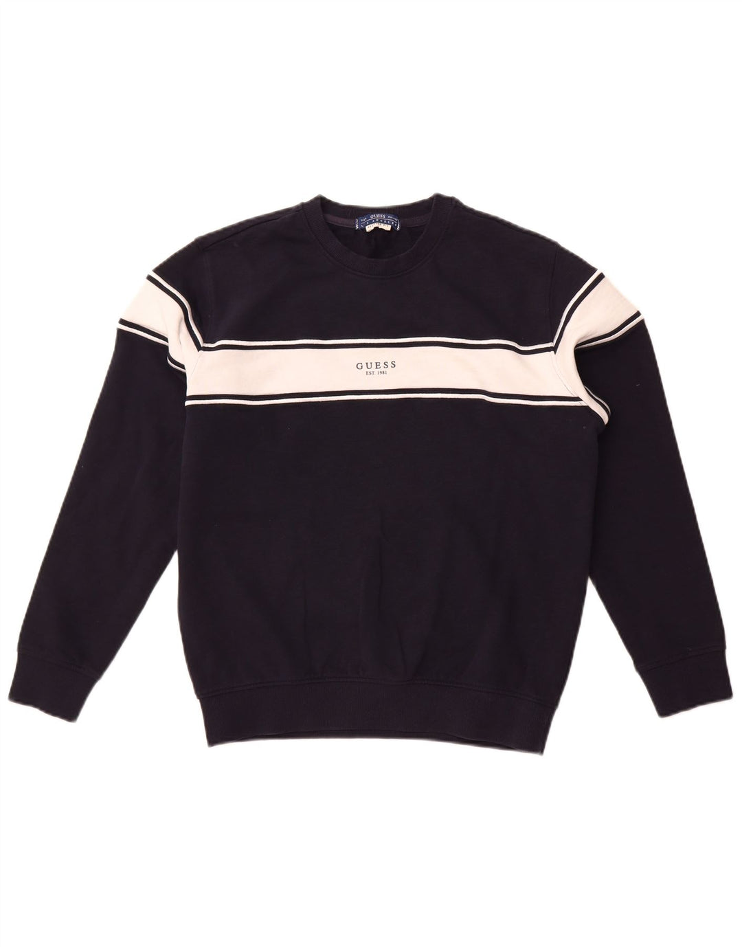 Guess Mens Graphic Sweatshirt Jumper Small Navy Blue Colourblock Cotton