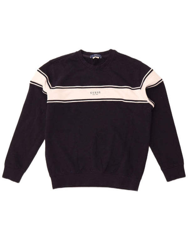 Guess Mens Graphic Sweatshirt Jumper Small Navy Blue Colourblock Cotton