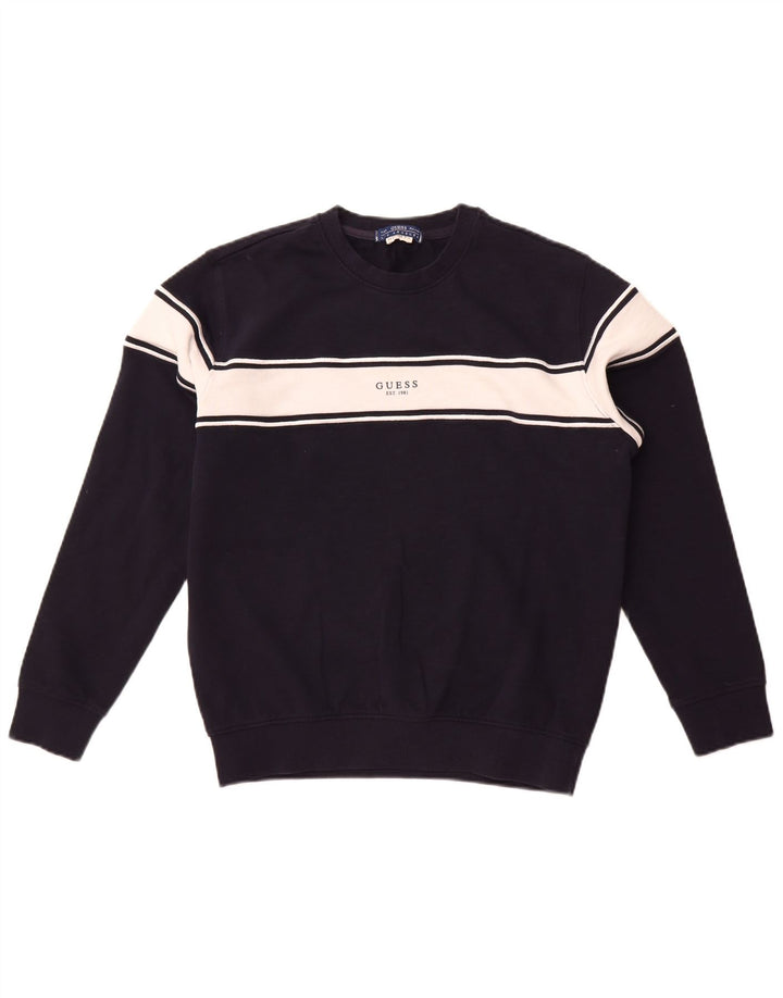 Guess Mens Graphic Sweatshirt Jumper Small Navy Blue Colourblock Cotton