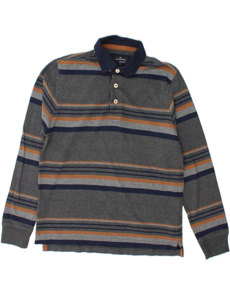 BLUE HARBOUR Mens Regular Fit Rugby Polo Shirt Small Grey Striped Vintage Blue Harbour and Second-Hand Blue Harbour from Messina Hembry 