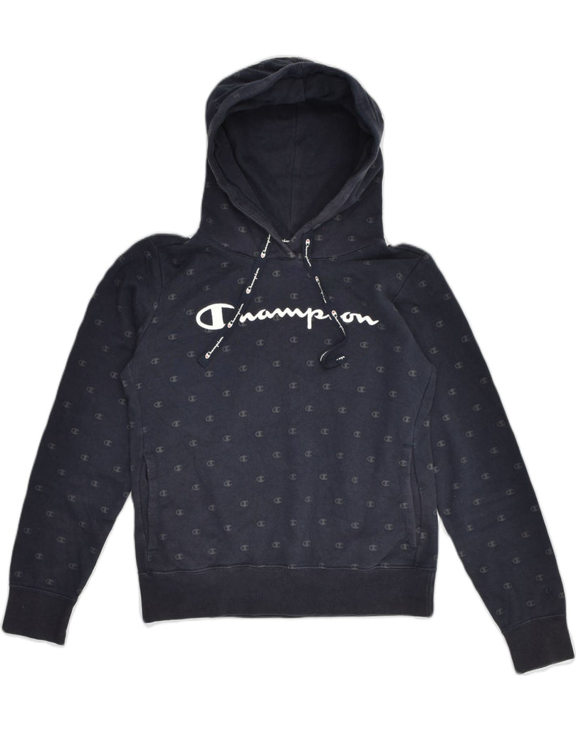 CHAMPION Womens Graphic Hoodie Jumper UK 10 Small  Navy Blue Cotton | Vintage Champion | Thrift | Second-Hand Champion | Used Clothing | Messina Hembry 