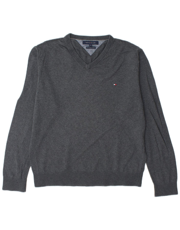 TOMMY HILFIGER Mens V-Neck Jumper Sweater Large Grey Cotton