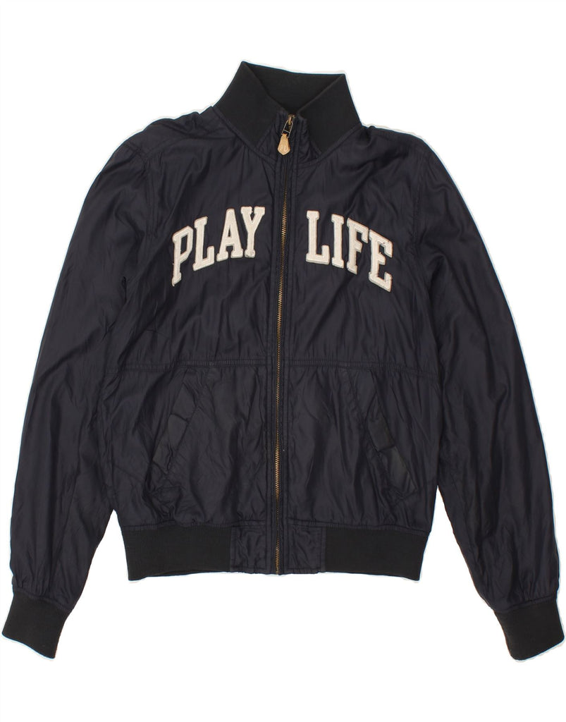 PLAYLIFE Womens Graphic Bomber Jacket UK 14 Medium Navy Blue | Vintage Playlife | Thrift | Second-Hand Playlife | Used Clothing | Messina Hembry 