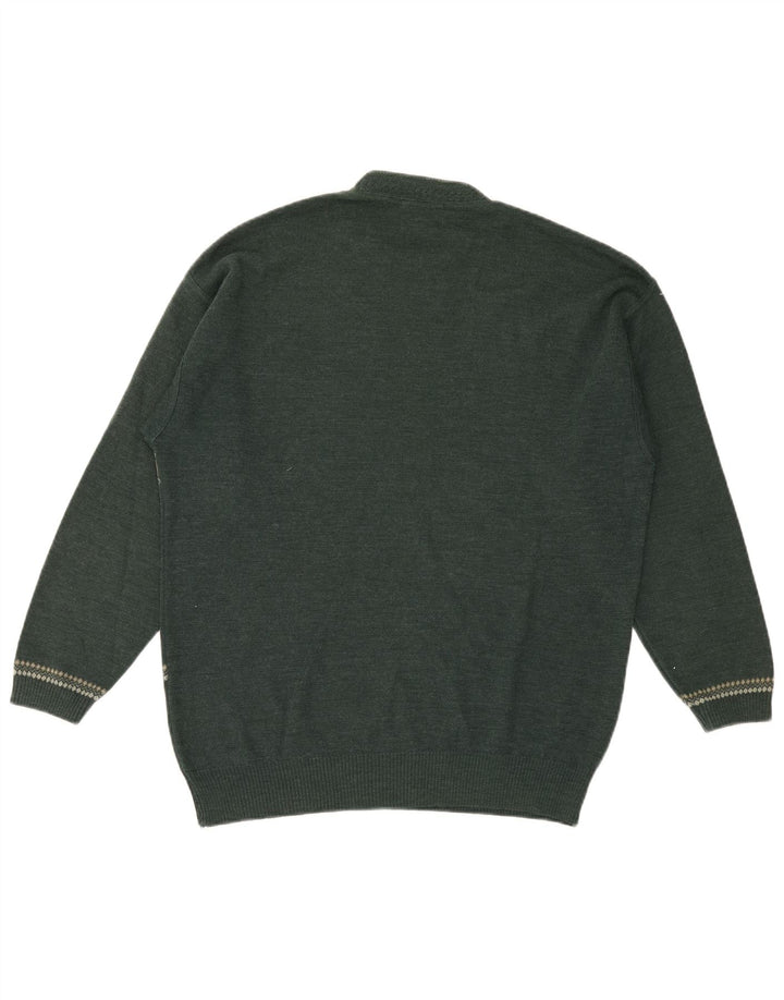 Vintage Mens Crew Neck Jumper Sweater Medium Green Geometric Wool