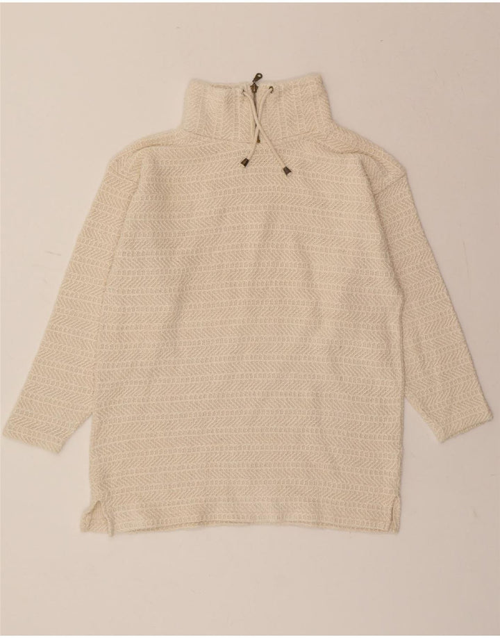 VINTAGE Womens Zip Neck Jumper Sweater UK 14 Medium Off White Striped Vintage Vintage and Second-Hand Vintage from Messina Hembry 