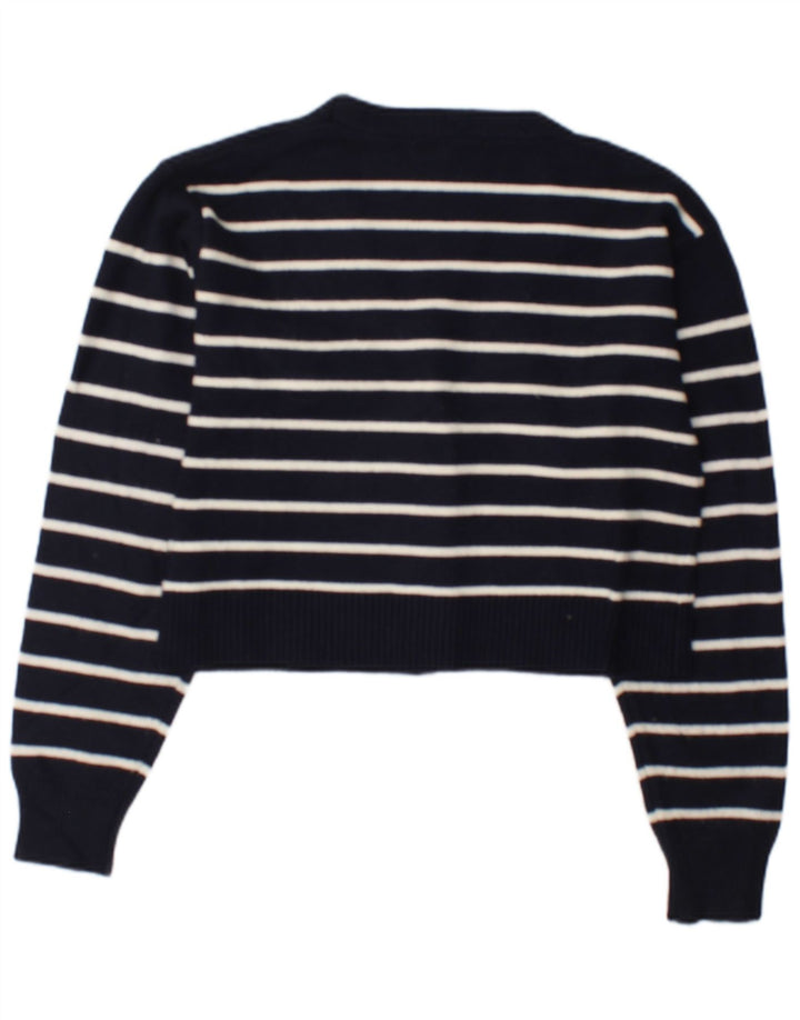 Zara Womens Cardigan Sweater UK 12 Medium Navy Blue Striped Viscose