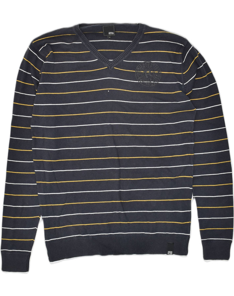 JACK & JONES Mens V-Neck Jumper Sweater XL Black Striped Cotton | Vintage Jack & Jones | Thrift | Second-Hand Jack & Jones | Used Clothing | Messina Hembry 