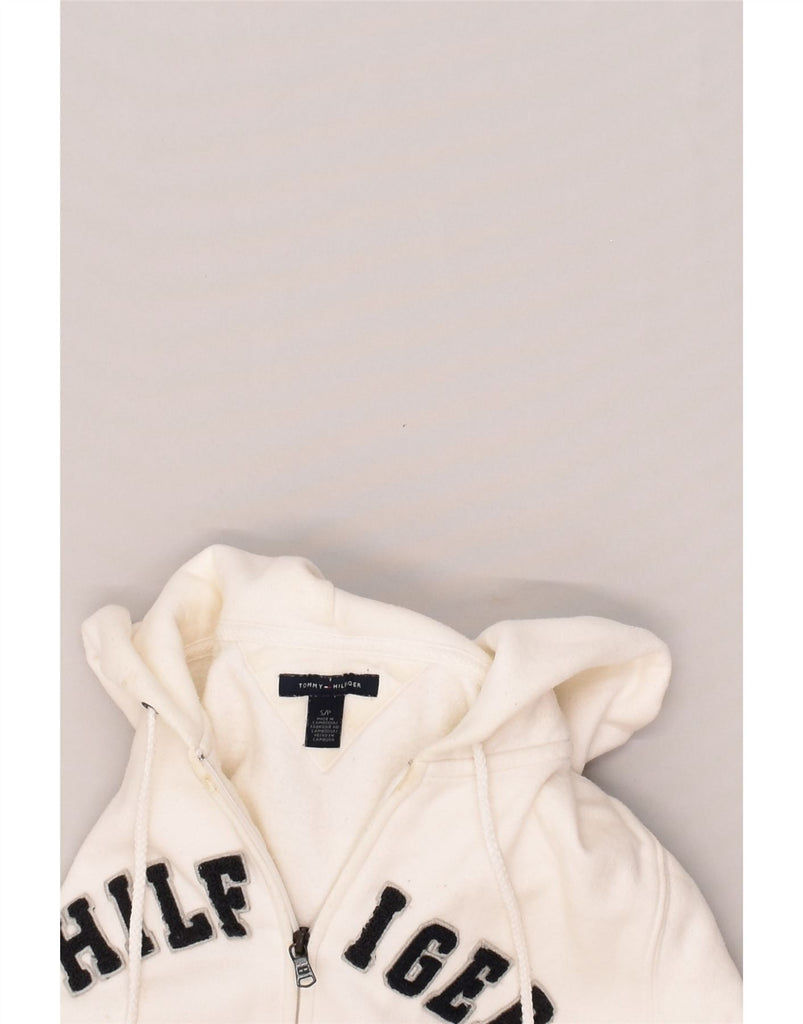 TOMMY HILFIGER Womens Graphic Zip Hoodie Sweater UK 10 Small White Cotton | Vintage Tommy Hilfiger | Thrift | Second-Hand Tommy Hilfiger | Used Clothing | Messina Hembry 