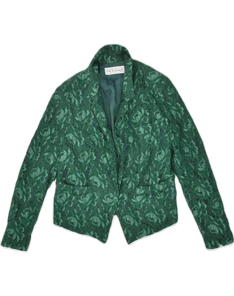 VINTAGE Womens 1 Button Blazer Jacket UK 12 Medium Green Floral Nylon | Vintage Vintage | Thrift | Second-Hand Vintage | Used Clothing | Messina Hembry 