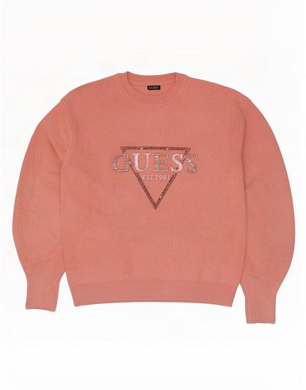 Guess Womens Loose Fit Graphic Crew Neck Jumper Sweater UK 6 XS Pink