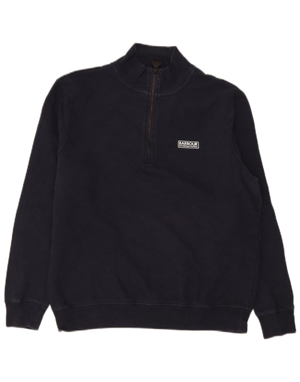 Barbour Womens Zip Neck Sweatshirt Jumper UK 16 Large Navy Blue Cotton