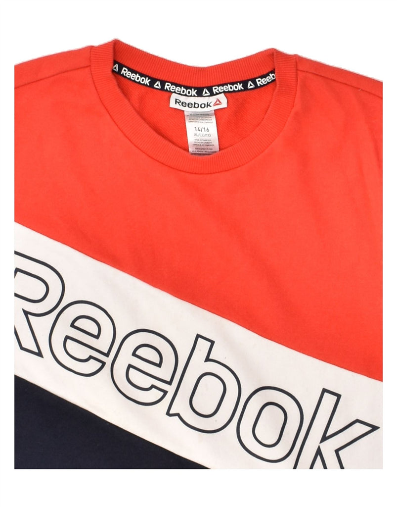 REEBOK Boys Graphic Sweatshirt Jumper 14-15 Years XL Blue Colourblock | Vintage Reebok | Thrift | Second-Hand Reebok | Used Clothing | Messina Hembry 