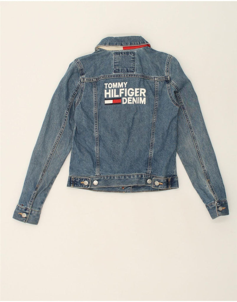 TOMMY HILFIGER Womens Graphic Denim Jacket UK 6 XS Blue Cotton | Vintage Tommy Hilfiger | Thrift | Second-Hand Tommy Hilfiger | Used Clothing | Messina Hembry 