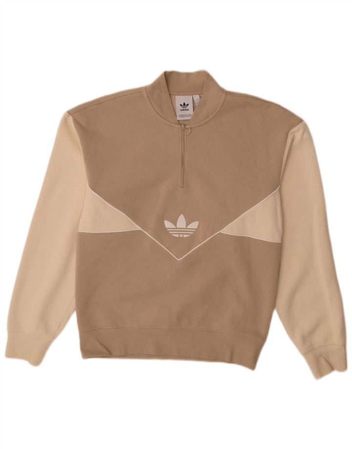 ADIDAS Mens Graphic Zip Neck Sweatshirt Jumper XS Beige Colourblock Cotton