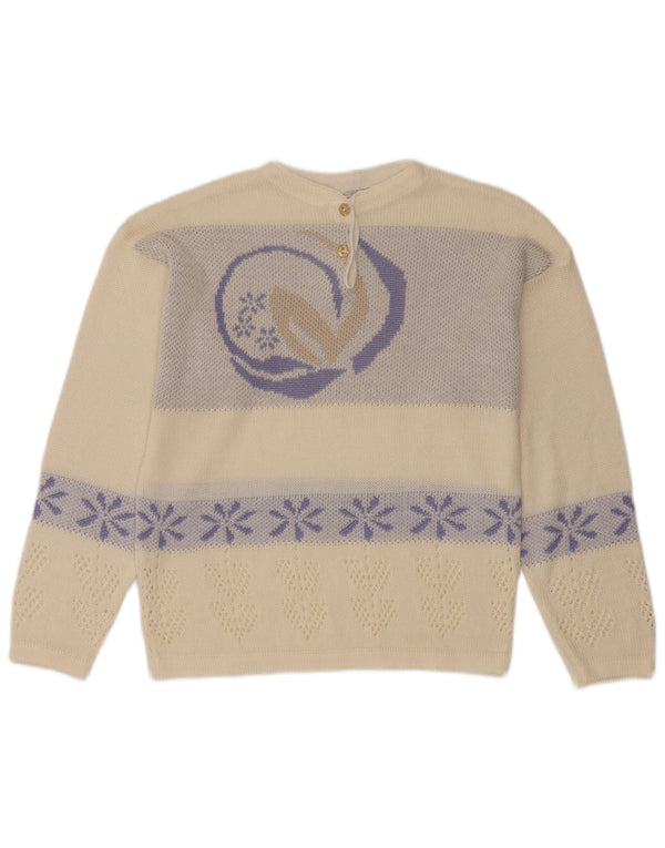 Vintage Womens Button Neck Jumper Sweater UK 16 Large White Floral