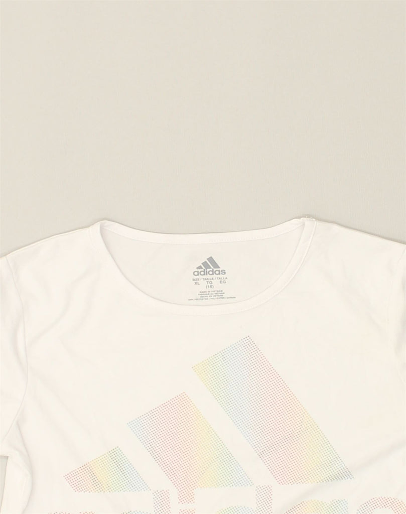 ADIDAS Girls Graphic T-Shirt Top 15-16 Years XL White Polyester | Vintage Adidas | Thrift | Second-Hand Adidas | Used Clothing | Messina Hembry 