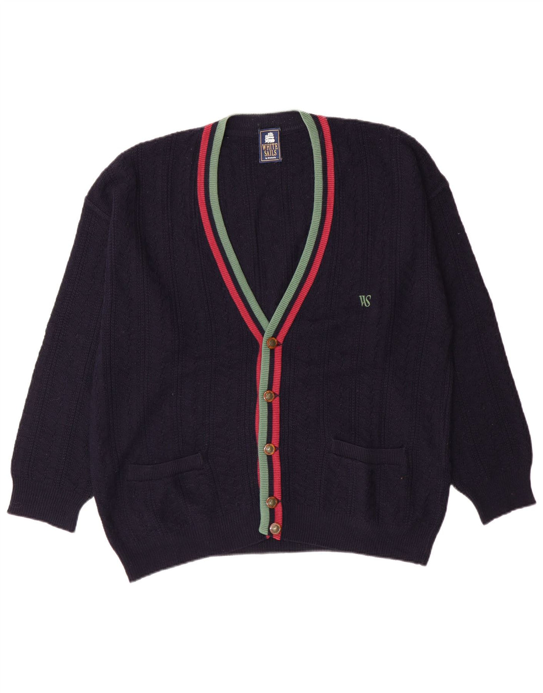 White Stuff Mens Cardigan Sweater Medium Navy Blue Striped Wool Classic