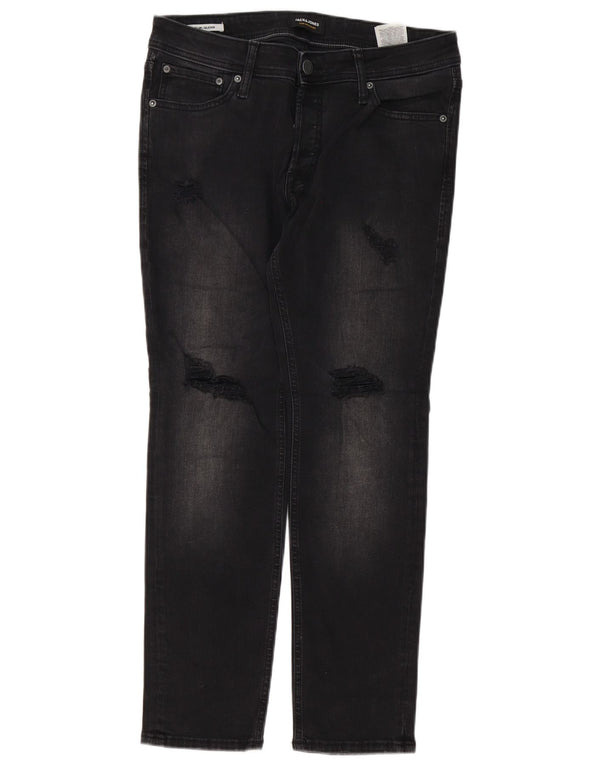 Jack & Jones Mens GLENN Distressed Slim Jeans W32 L30 Black Cotton