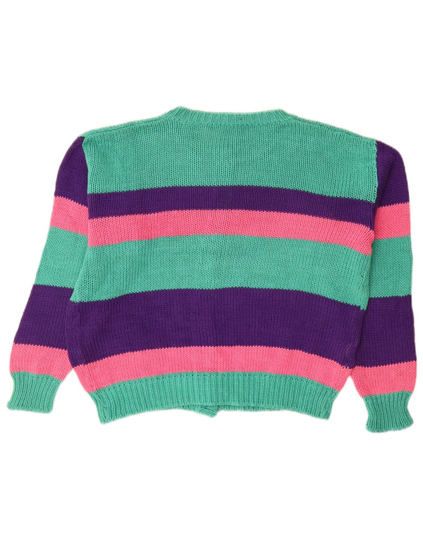Vintage Womens Crop Cardigan Sweater UK 16 Large Green Striped Cotton