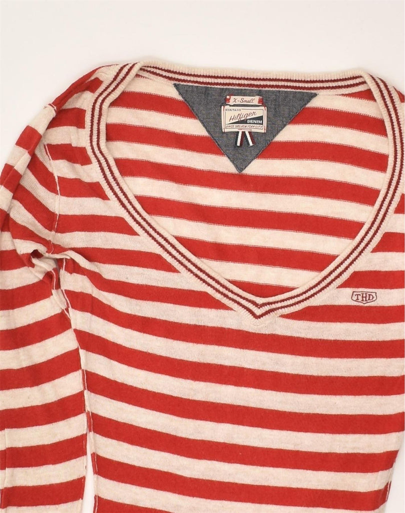 TOMMY HILFIGER Womens V-Neck Jumper Sweater UK 4 XS Red Striped Viscose | Vintage Tommy Hilfiger | Thrift | Second-Hand Tommy Hilfiger | Used Clothing | Messina Hembry 