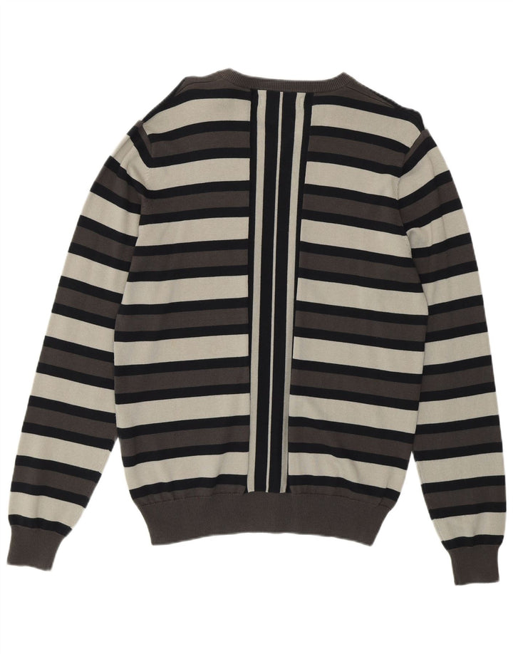 LYLE & SCOTT Mens V-Neck Jumper Sweater Medium Grey Striped Cotton