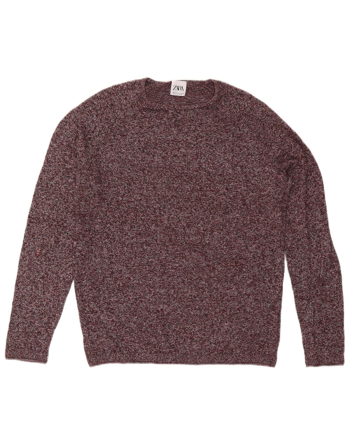 Zara Mens Crew Neck Jumper Sweater Medium Burgundy Flecked Cotton