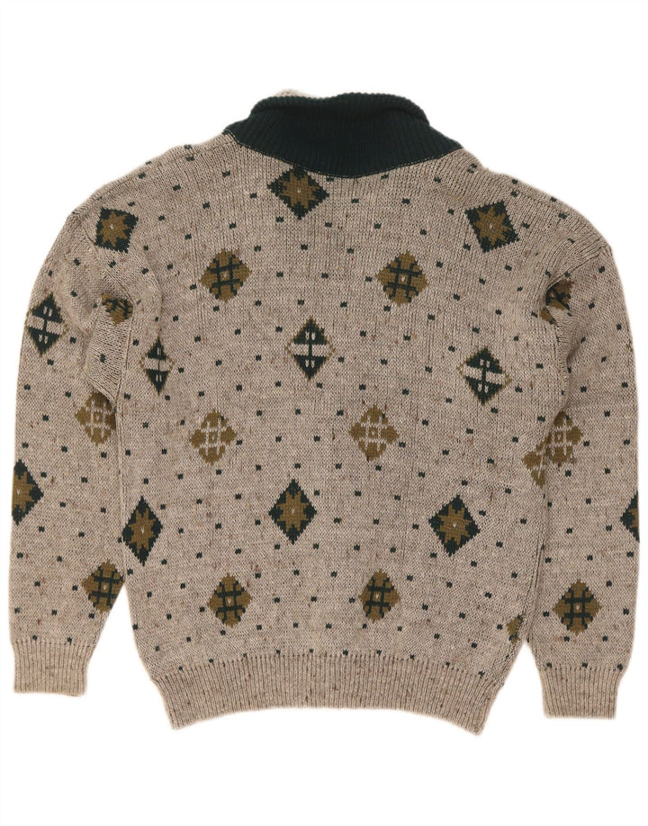 Vintage Mens Cardigan Sweater Large Grey Geometric Wool