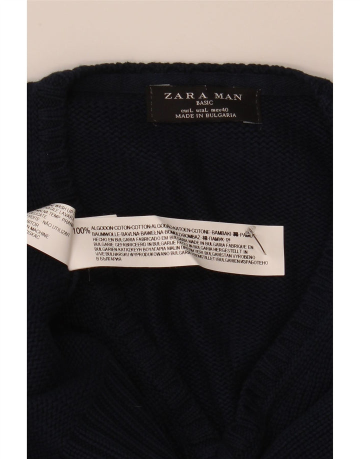 Zara Mens V-Neck Jumper Sweater Large Navy Blue Cotton