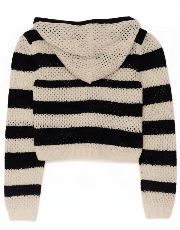 Zara Womens Crop Hooded Crochet Jumper Sweater UK 14 Medium Black Striped