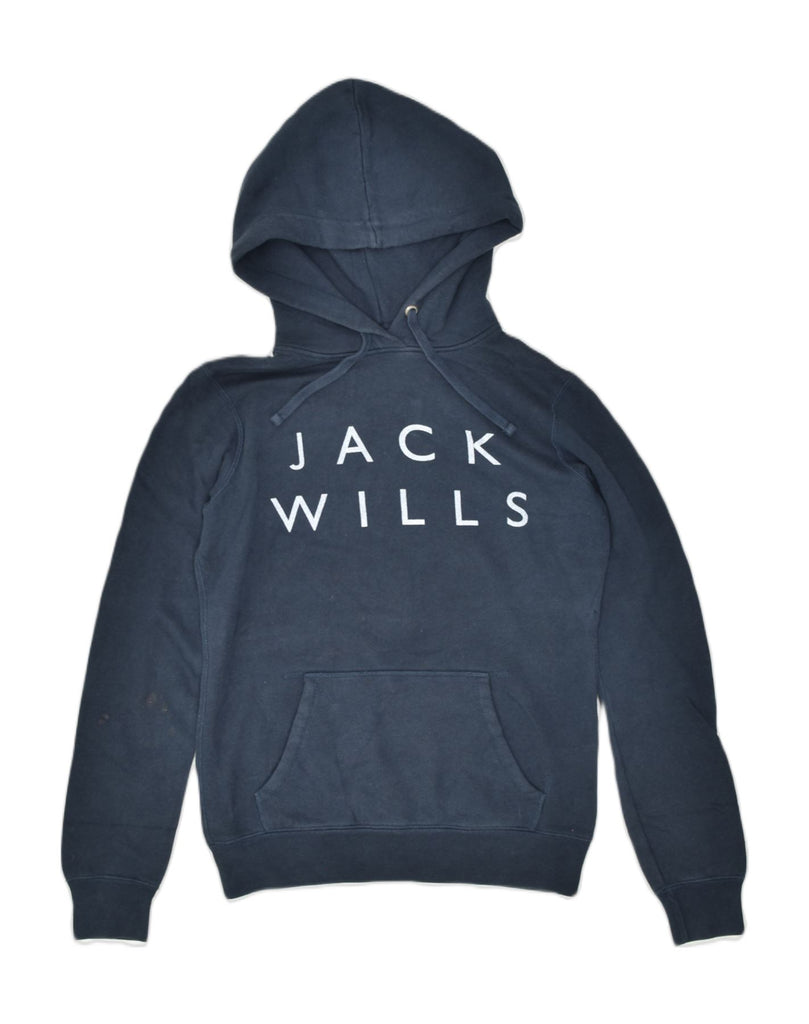 JACK WILLS Womens Graphic Hoodie Jumper UK 6 XS Navy Blue Cotton | Vintage | Thrift | Second-Hand | Used Clothing | Messina Hembry 