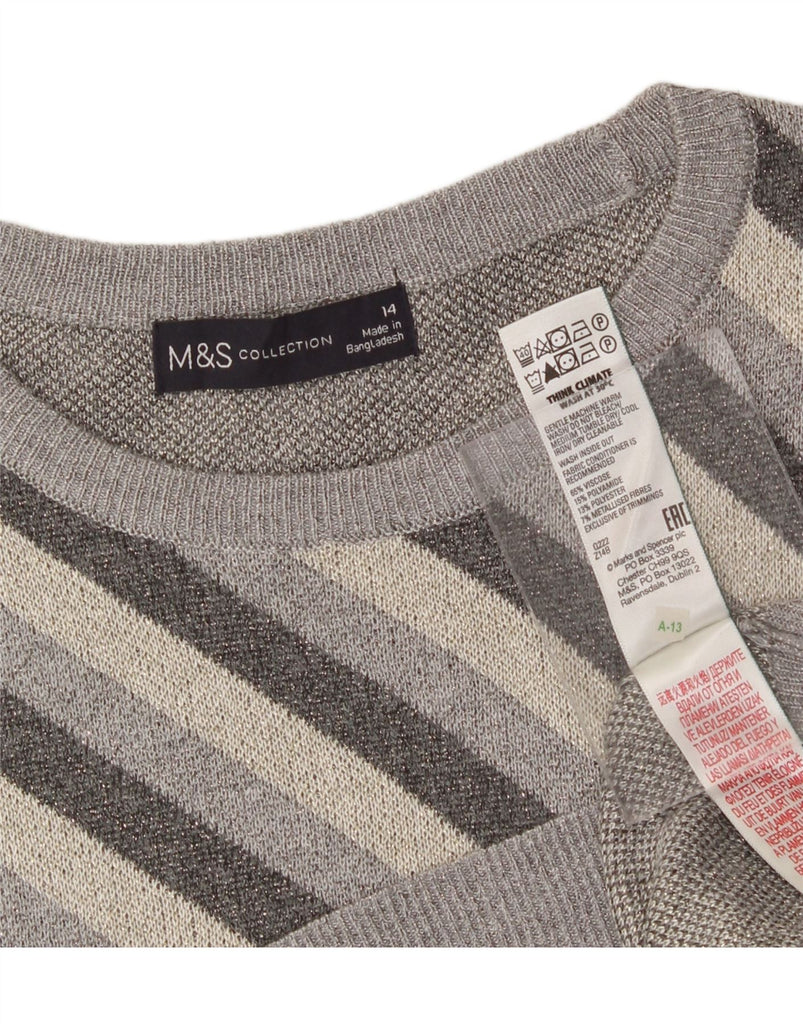 MARKS & SPENCER Womens Crew Neck Jumper Sweater UK 14 Large  Grey Striped Vintage Marks & Spencer and Second-Hand Marks & Spencer from Messina Hembry 