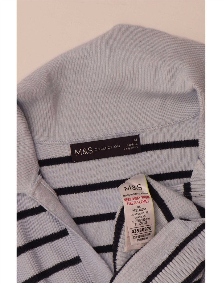 Marks & Spencer Womens Polo Shirt UK 14 Medium Blue Striped Cotton