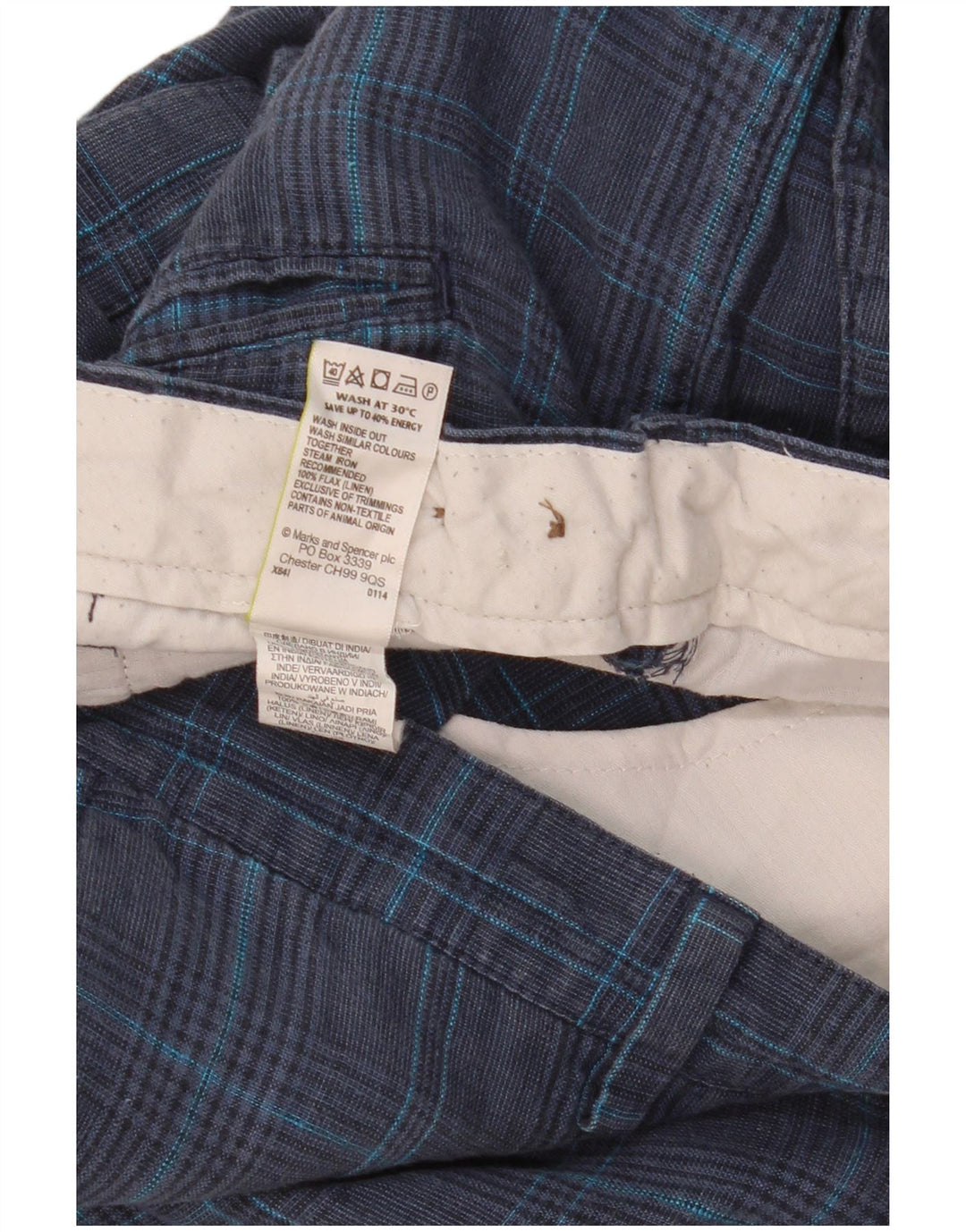 MARKS & SPENCER Mens Chino Shorts W40 XL Navy Blue Check Linen