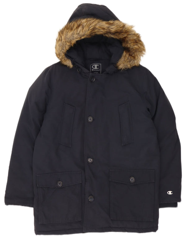 CHAMPION Boys Hooded Padded Coat 11-12 Years Large  Navy Blue Cotton