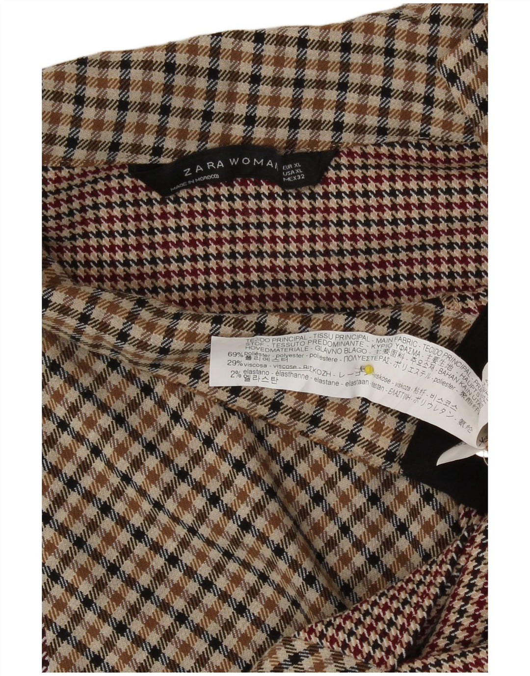 Zara Womens Long Sleeve Blouse Top UK 18 XL Brown Gingham Polyester