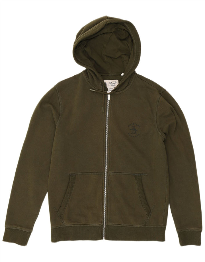 PENGUIN Mens Zip Hoodie Sweater Small Khaki Cotton