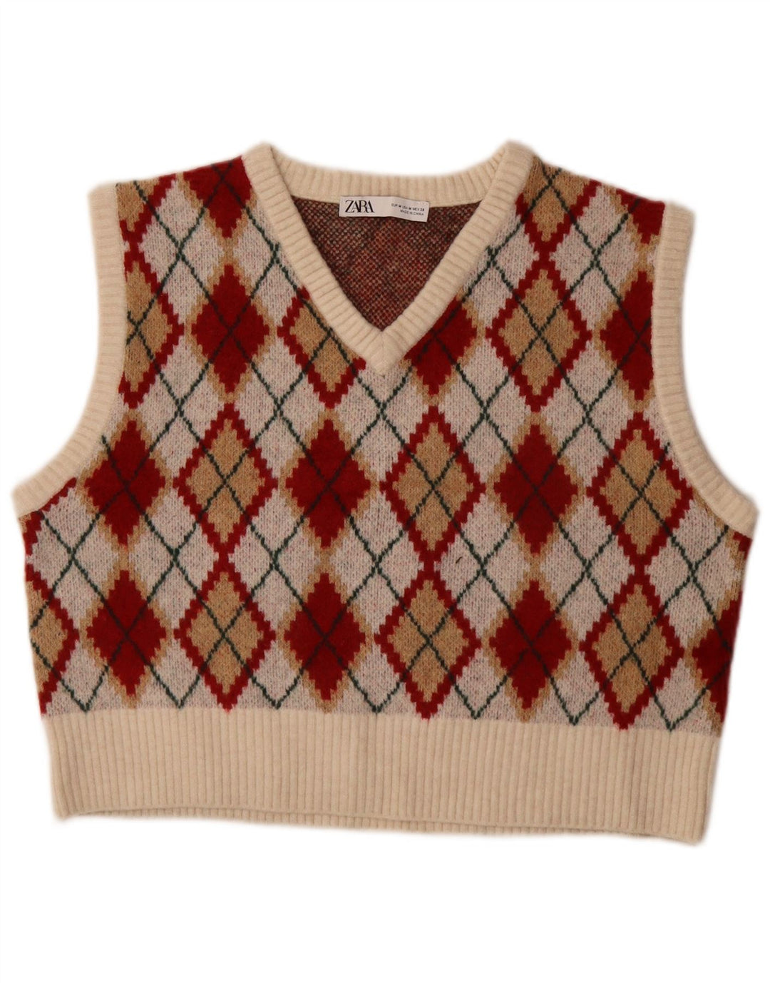 Zara Womens Crop Vest Tank Top UK 14 Medium Multicoloured Argyle/Diamond
