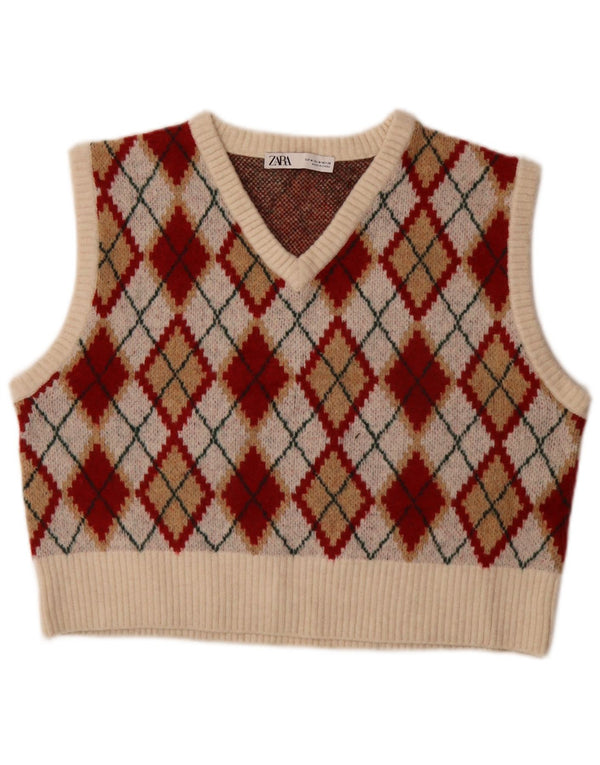 Zara Womens Crop Vest Tank Top UK 14 Medium Multicoloured Argyle/Diamond